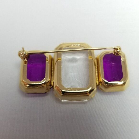 Vintage Avon Purple and Clear Rectangle Rhinestone Brooch, Gold Tone Setting - Picture 3 of 7